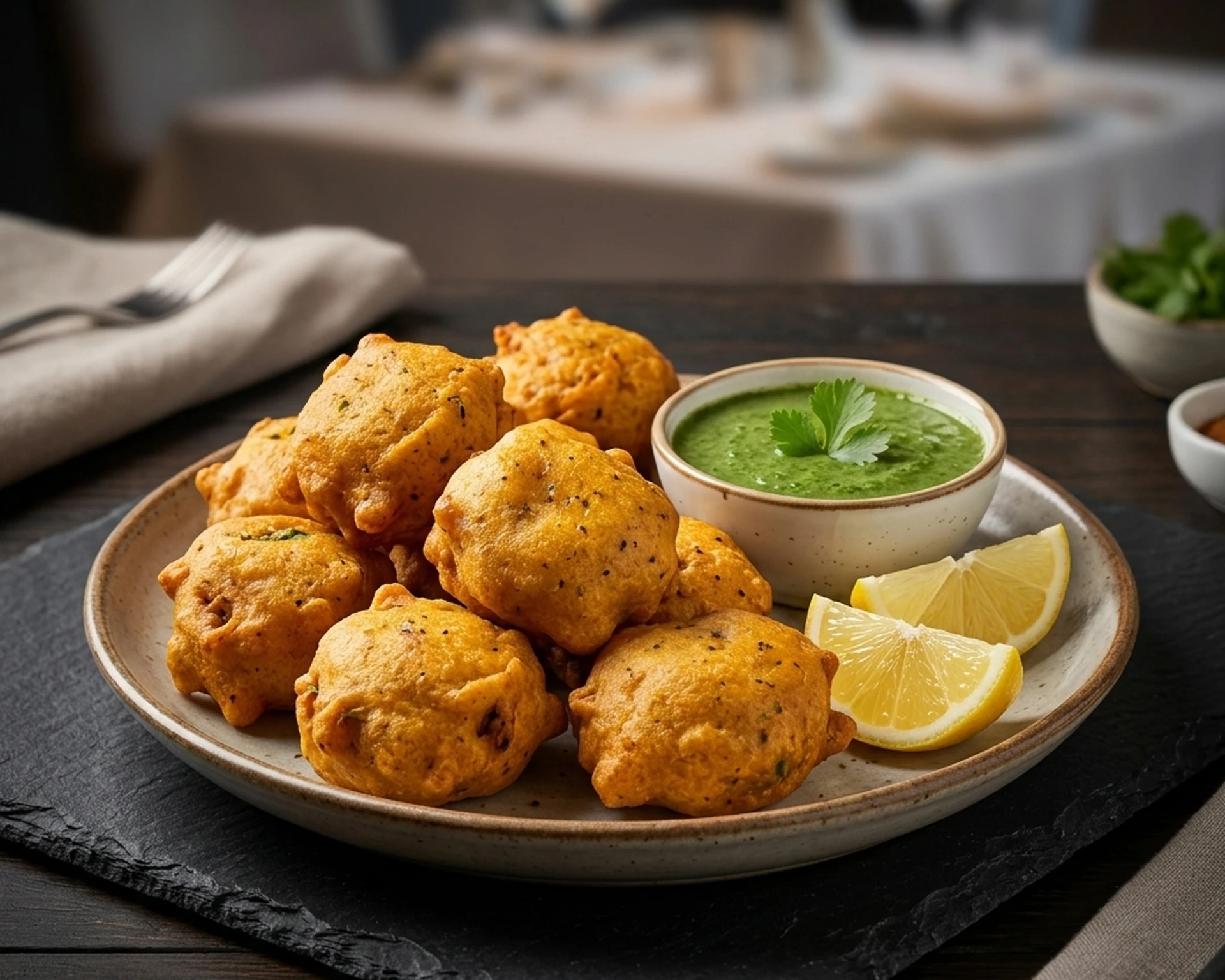 Paneer pakora fritters served with mint chutney at Rockfort Authentic Chettinadu & Indian Cuisine, Calgary